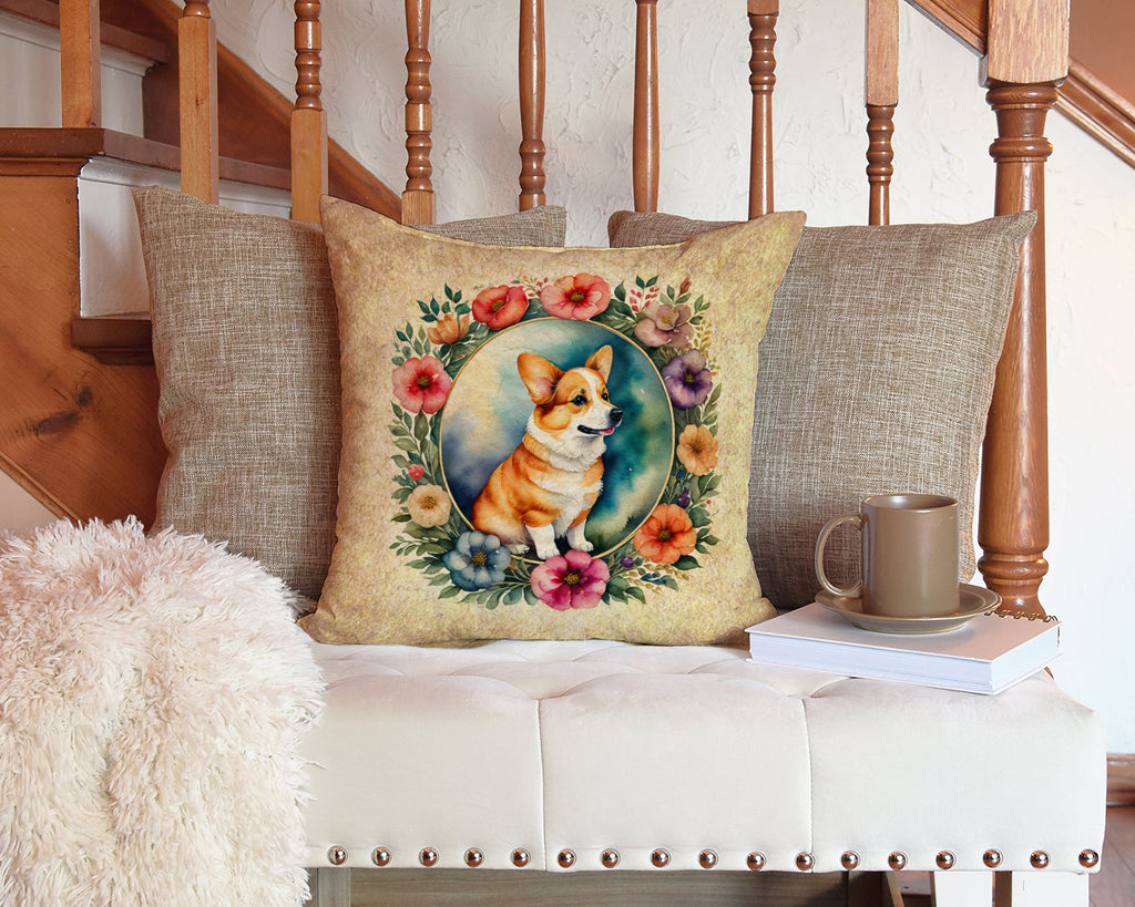 Corgi and Flowers Decorative Throw Pillow 14x14 Indoor Outdoor Accent Cushion, Fabric Cover with Insert for Sofa, Bed, Porch & Living Room