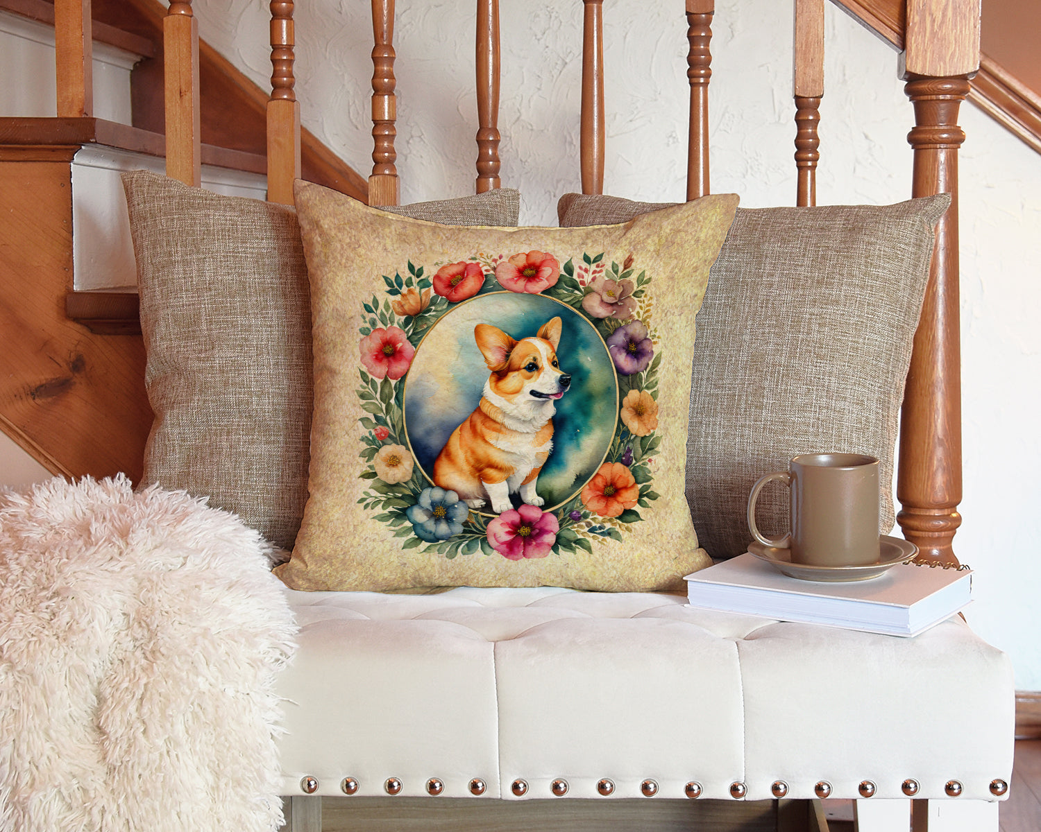 Corgi and Flowers Decorative Throw Pillow 14x14 Indoor Outdoor Accent Cushion, Fabric Cover with Insert for Sofa, Bed, Porch & Living Room
