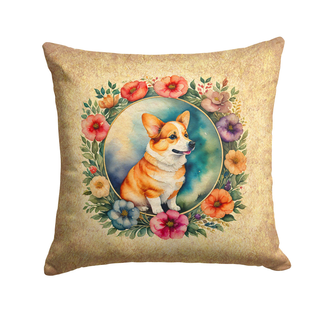 Corgi and Flowers Decorative Throw Pillow 18x18 Indoor Outdoor Accent Cushion, Fabric Cover with Insert for Sofa, Bed, Porch & Living Room