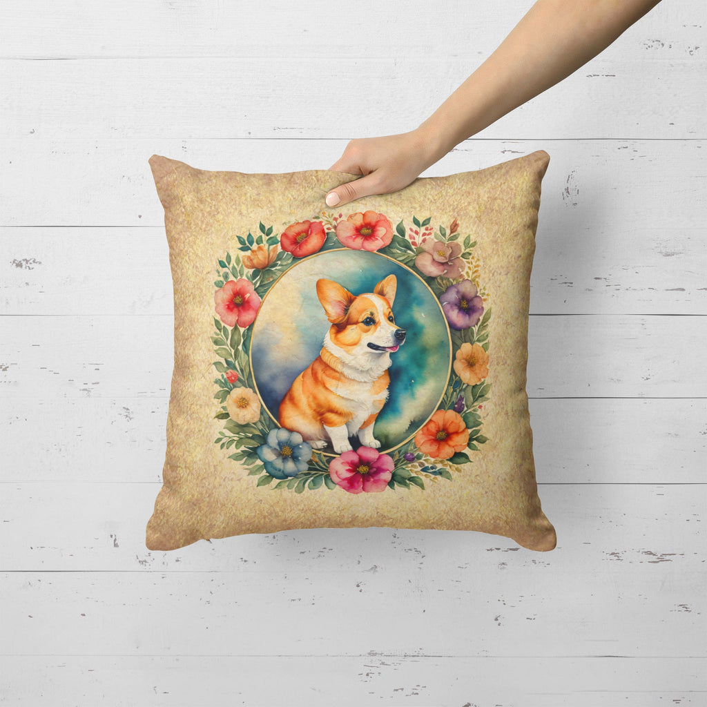 Corgi and Flowers Decorative Throw Pillow 18x18 Indoor Outdoor Accent Cushion, Fabric Cover with Insert for Sofa, Bed, Porch & Living Room