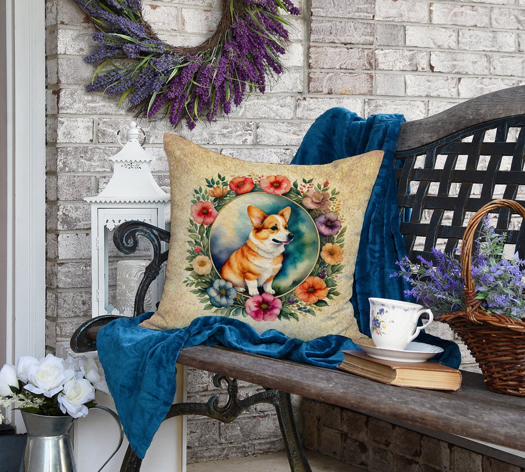Corgi and Flowers Decorative Throw Pillow 18x18 Indoor Outdoor Accent Cushion, Fabric Cover with Insert for Sofa, Bed, Porch & Living Room