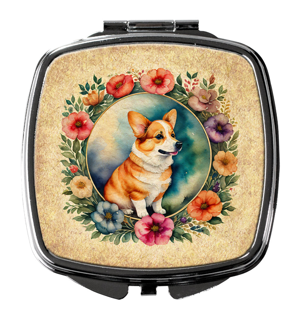 Corgi and Flowers Compact Mirror Decorative Travel Makeup Mirror for Women Girls Gifts Pocket Makeup Mirror Folding Handheld