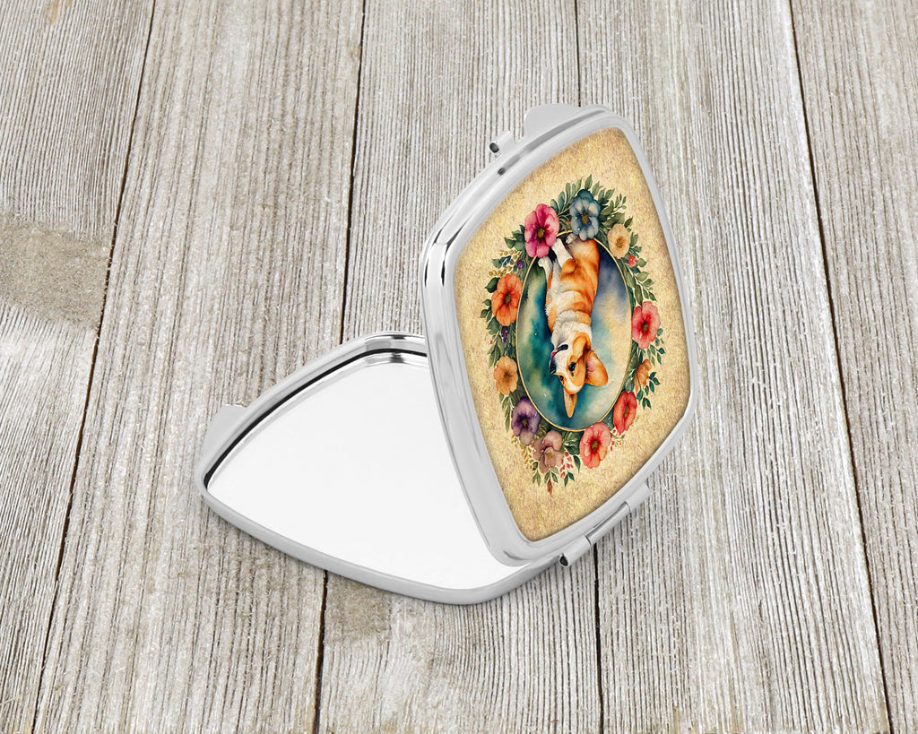 Corgi and Flowers Compact Mirror Decorative Travel Makeup Mirror for Women Girls Gifts Pocket Makeup Mirror Folding Handheld
