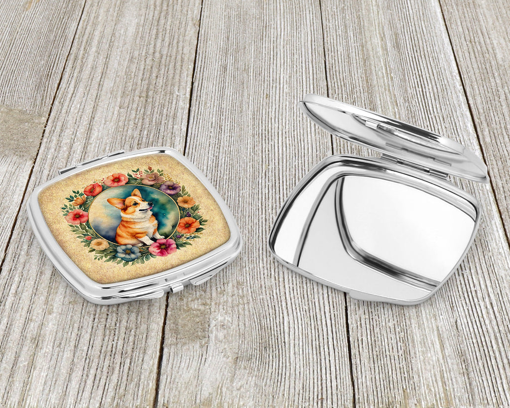 Corgi and Flowers Compact Mirror Decorative Travel Makeup Mirror for Women Girls Gifts Pocket Makeup Mirror Folding Handheld