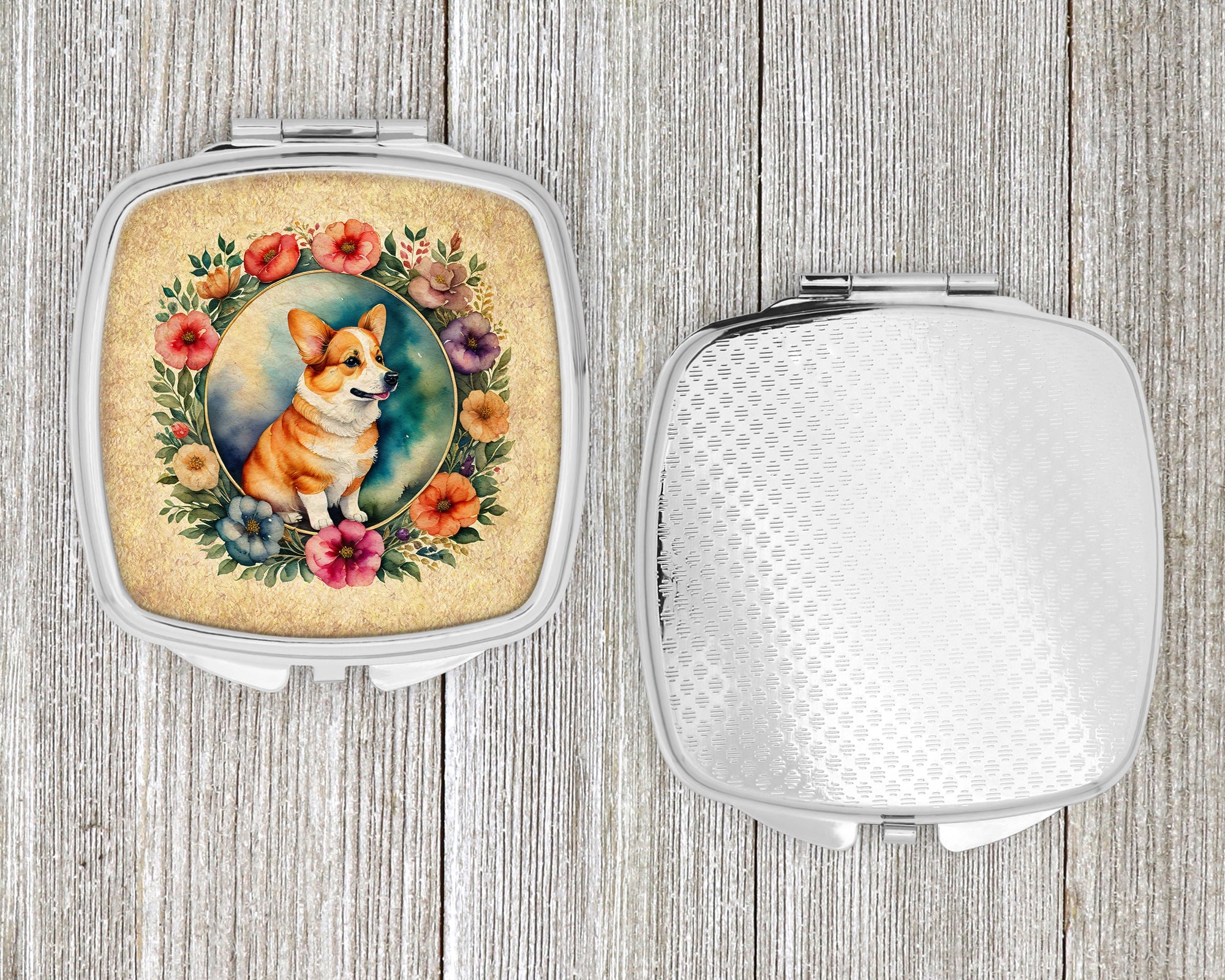 Corgi and Flowers Compact Mirror Decorative Travel Makeup Mirror for Women Girls Gifts Pocket Makeup Mirror Folding Handheld