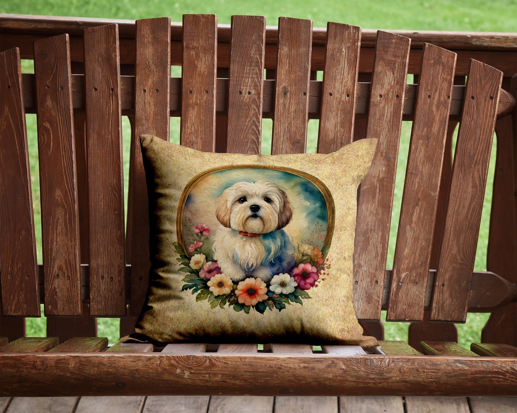 Coton De Tulear and Flowers Decorative Throw Pillow 14x14 Indoor Outdoor Accent Cushion, Fabric Cover with Insert for Sofa, Bed, Porch & Living Room