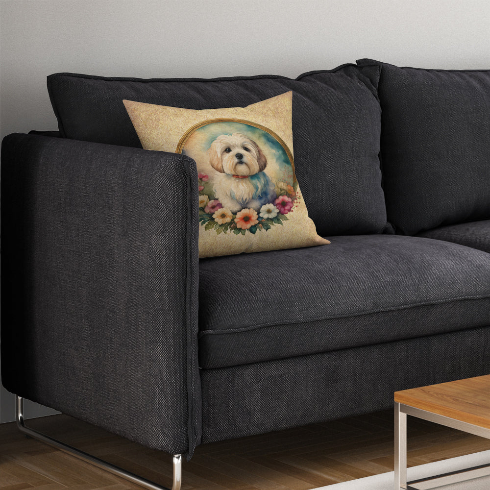 Coton De Tulear and Flowers Decorative Throw Pillow 14x14 Indoor Outdoor Accent Cushion, Fabric Cover with Insert for Sofa, Bed, Porch & Living Room