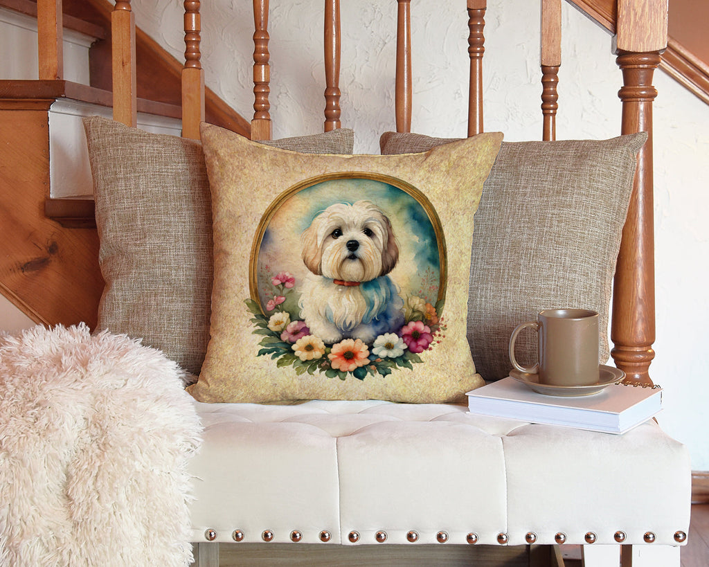 Coton De Tulear and Flowers Decorative Throw Pillow 14x14 Indoor Outdoor Accent Cushion, Fabric Cover with Insert for Sofa, Bed, Porch & Living Room