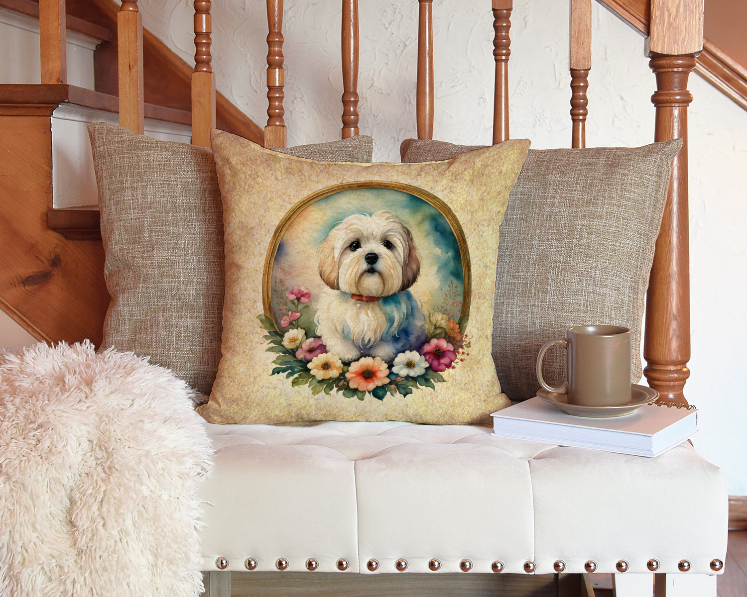 Coton De Tulear and Flowers Decorative Throw Pillow 14x14 Indoor Outdoor Accent Cushion, Fabric Cover with Insert for Sofa, Bed, Porch & Living Room