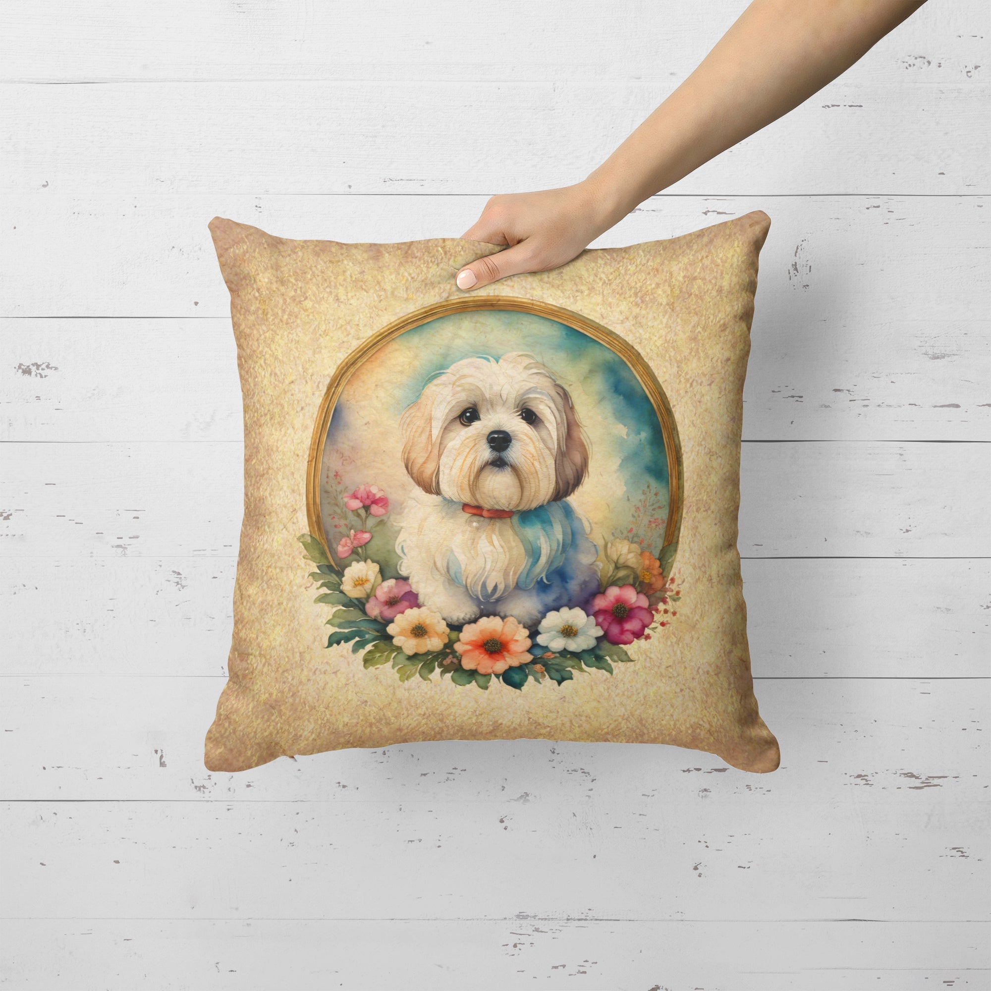 Coton De Tulear and Flowers Decorative Throw Pillow 18x18 Indoor Outdoor Accent Cushion, Fabric Cover with Insert for Sofa, Bed, Porch & Living Room