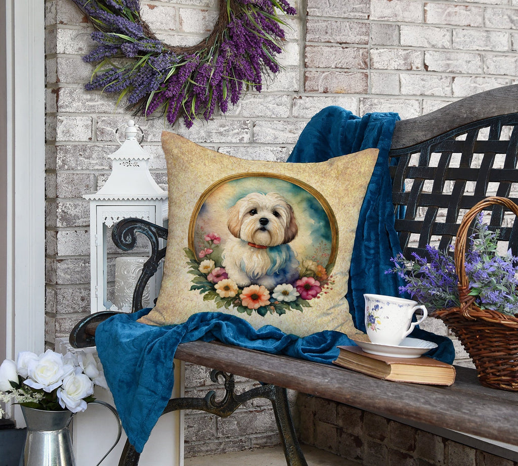 Coton De Tulear and Flowers Decorative Throw Pillow 18x18 Indoor Outdoor Accent Cushion, Fabric Cover with Insert for Sofa, Bed, Porch & Living Room