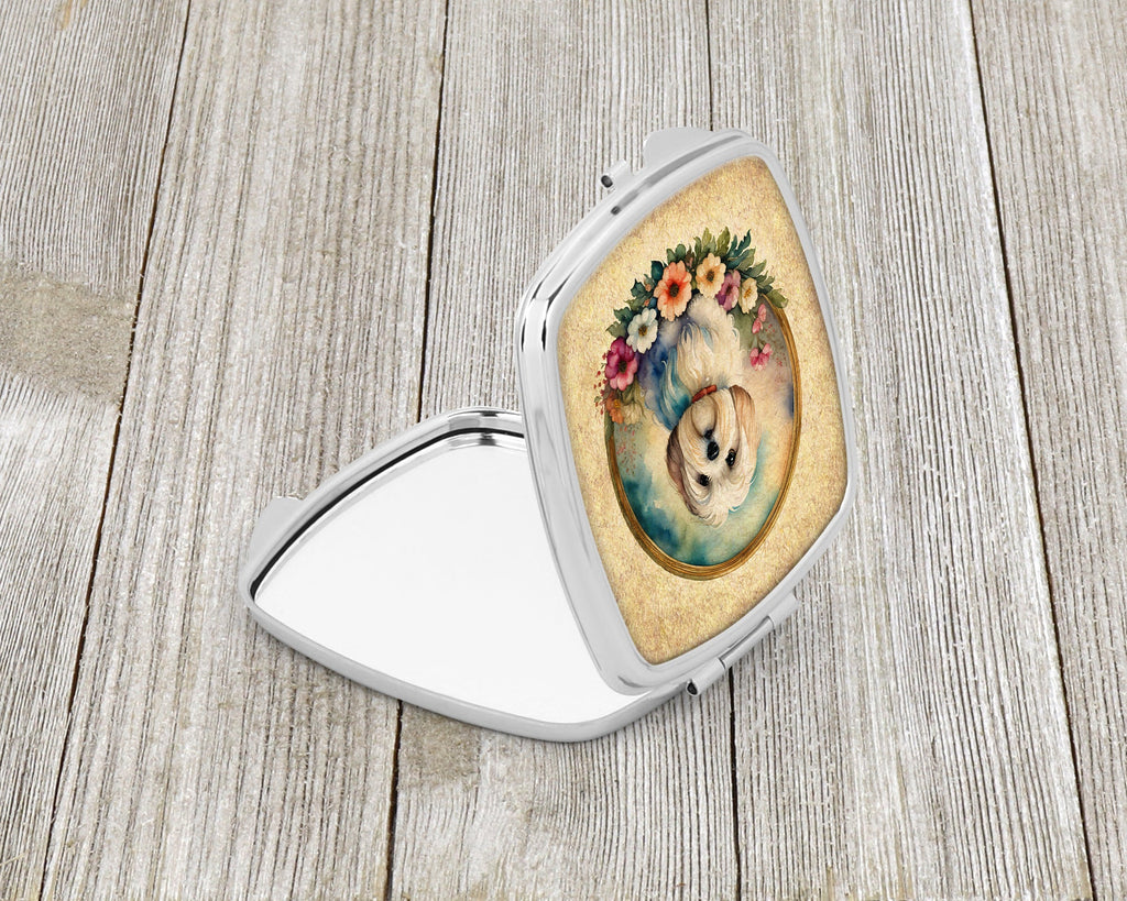 Coton De Tulear and Flowers Compact Mirror Decorative Travel Makeup Mirror for Women Girls Gifts Pocket Makeup Mirror Folding Handheld