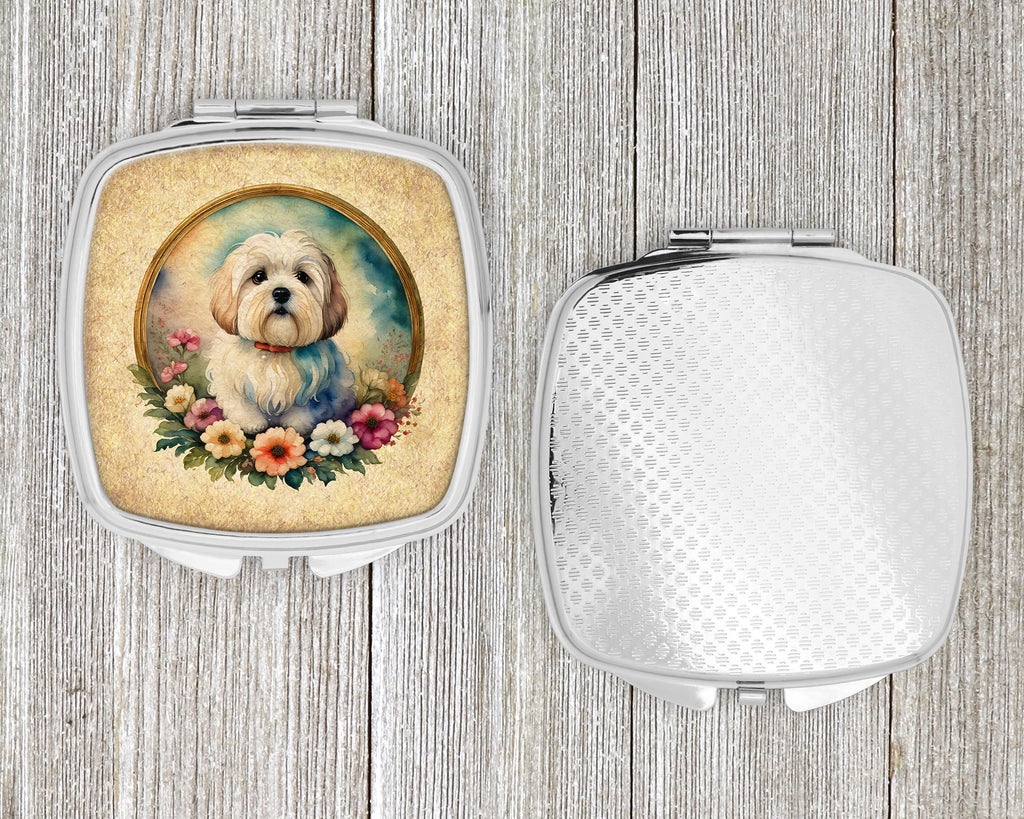 Coton De Tulear and Flowers Compact Mirror Decorative Travel Makeup Mirror for Women Girls Gifts Pocket Makeup Mirror Folding Handheld