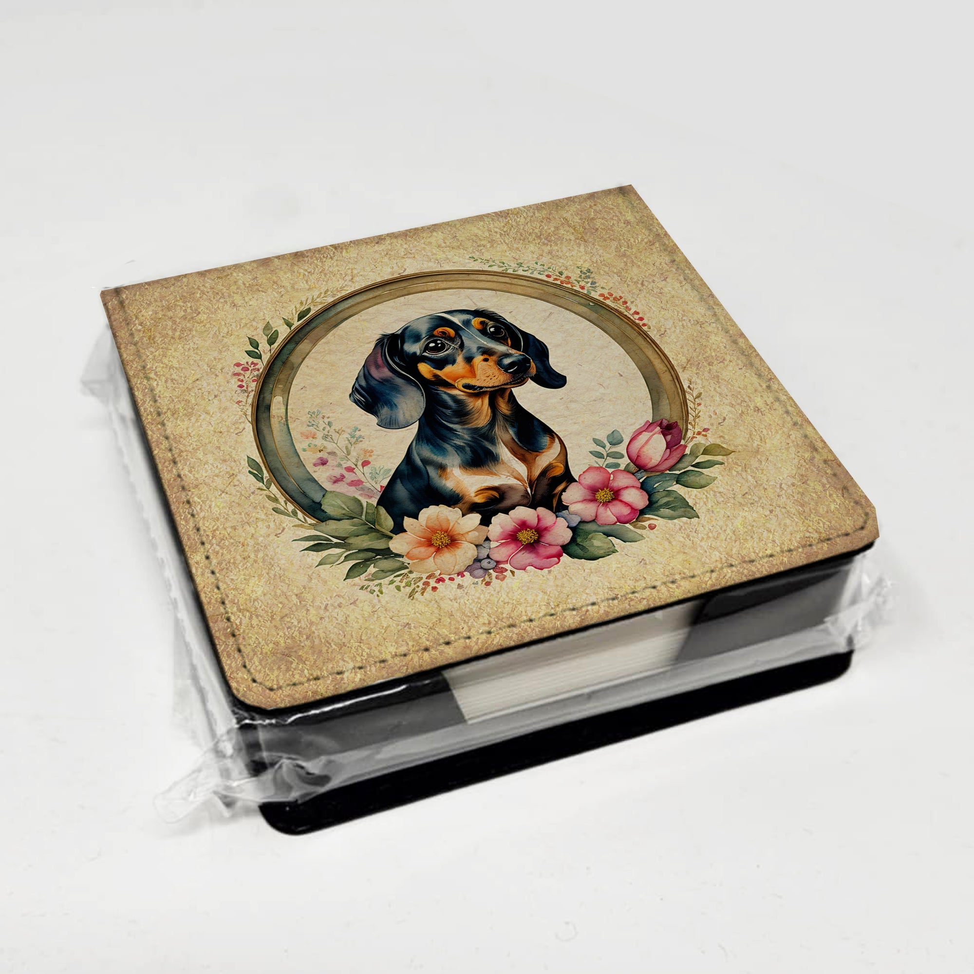 Dachshund and Flowers PU Leather Note Paper Holder with Artist-Designed Cover, Desk Accessory, Office Gift