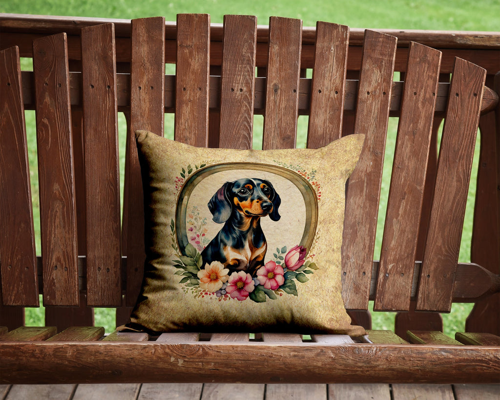 Dachshund and Flowers Decorative Throw Pillow 14x14 Indoor Outdoor Accent Cushion, Fabric Cover with Insert for Sofa, Bed, Porch & Living Room
