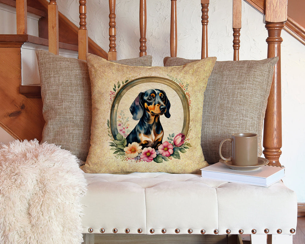 Dachshund and Flowers Decorative Throw Pillow 14x14 Indoor Outdoor Accent Cushion, Fabric Cover with Insert for Sofa, Bed, Porch & Living Room