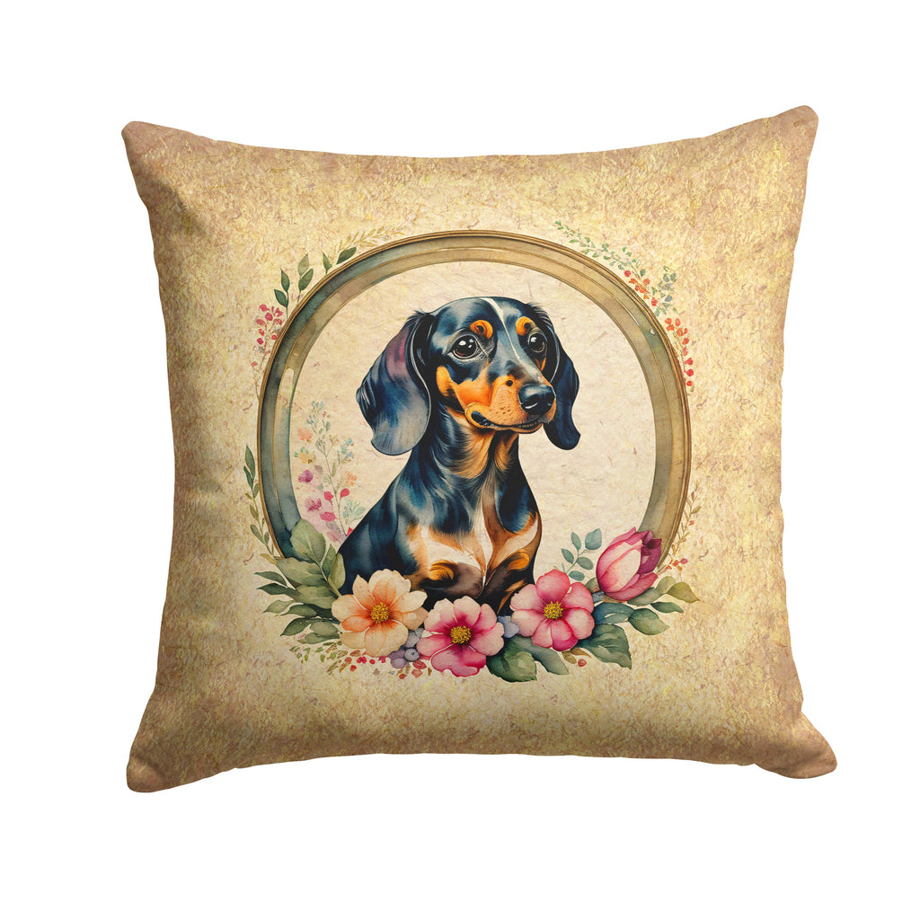Dachshund and Flowers Decorative Throw Pillow 18x18 Indoor Outdoor Accent Cushion, Fabric Cover with Insert for Sofa, Bed, Porch & Living Room