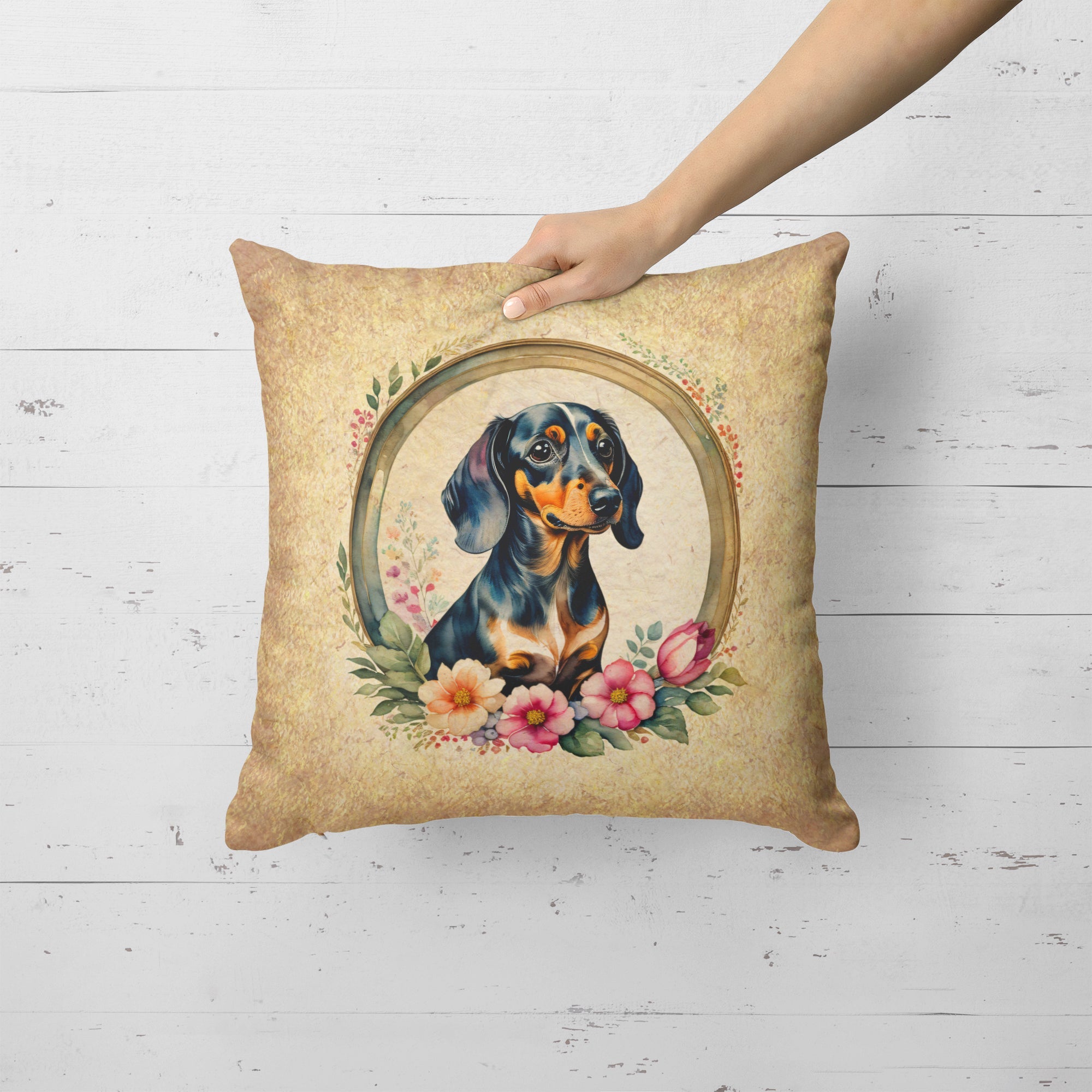 Dachshund and Flowers Decorative Throw Pillow 18x18 Indoor Outdoor Accent Cushion, Fabric Cover with Insert for Sofa, Bed, Porch & Living Room