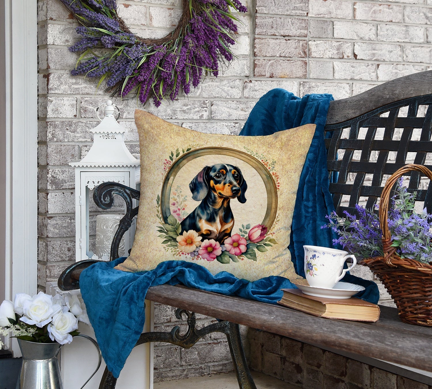 Dachshund and Flowers Decorative Throw Pillow 18x18 Indoor Outdoor Accent Cushion, Fabric Cover with Insert for Sofa, Bed, Porch & Living Room