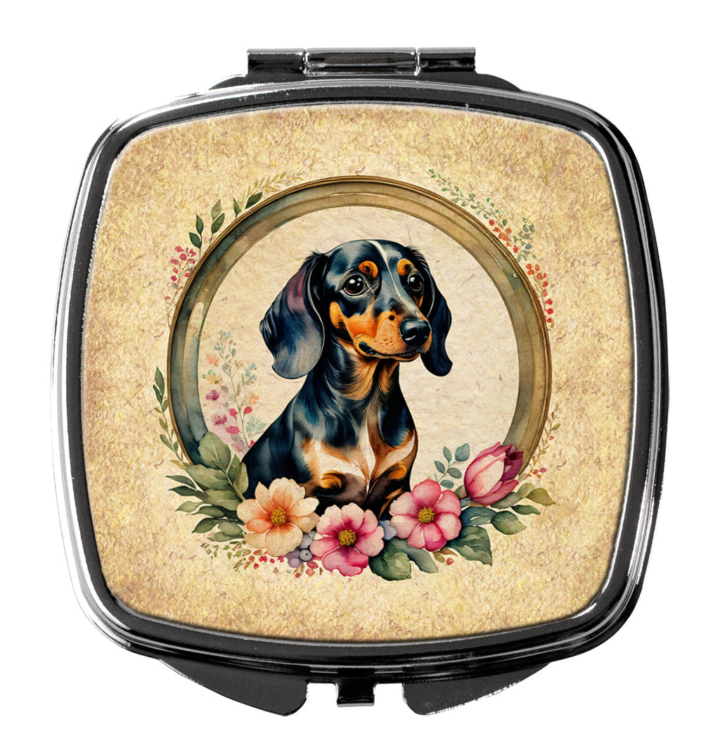 Dachshund and Flowers Compact Mirror Decorative Travel Makeup Mirror for Women Girls Gifts Pocket Makeup Mirror Folding Handheld