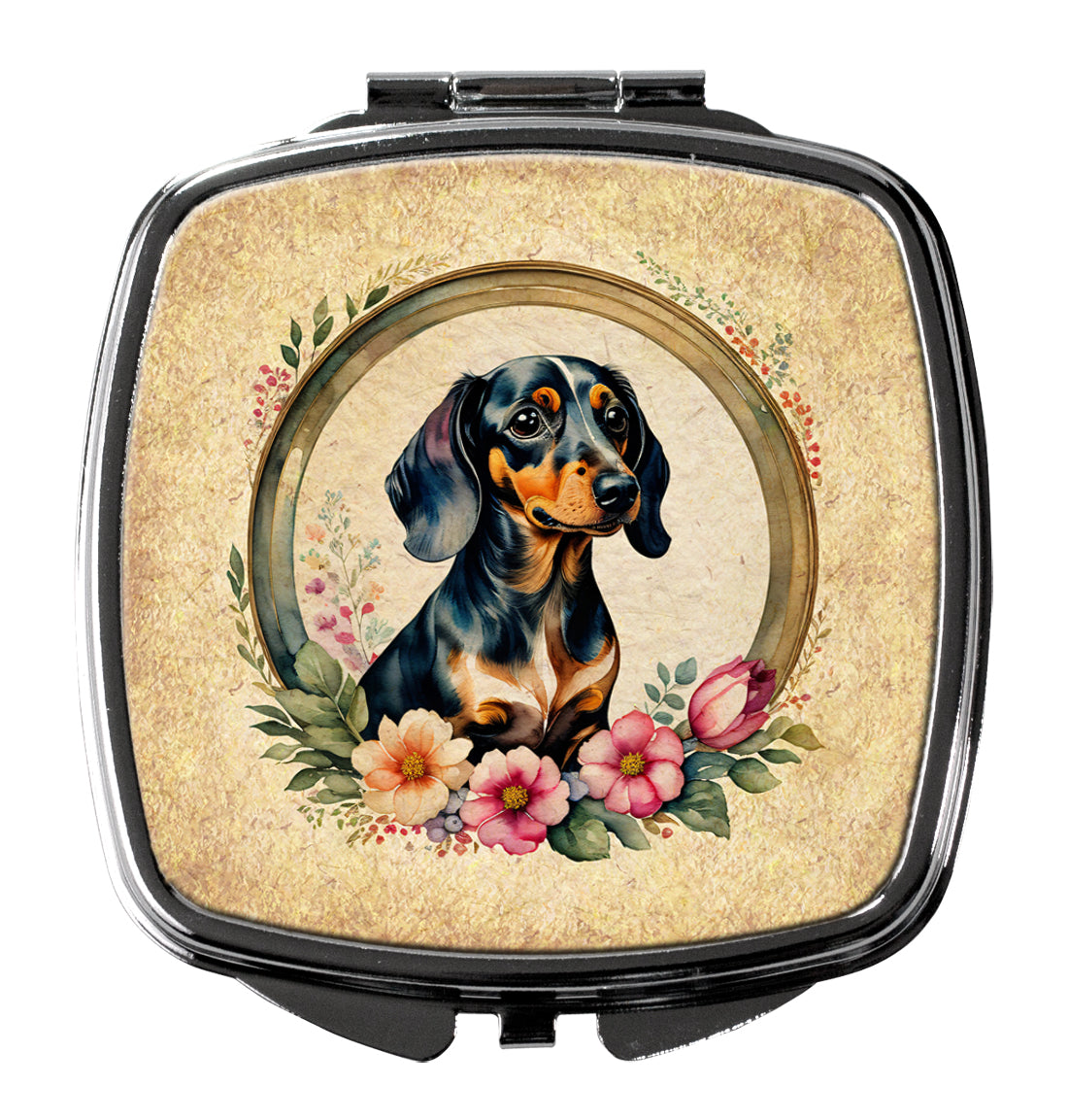 Dachshund and Flowers Compact Mirror Decorative Travel Makeup Mirror for Women Girls Gifts Pocket Makeup Mirror Folding Handheld