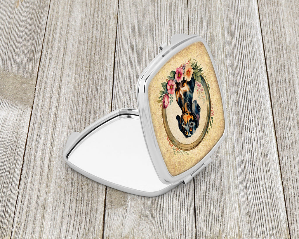 Dachshund and Flowers Compact Mirror Decorative Travel Makeup Mirror for Women Girls Gifts Pocket Makeup Mirror Folding Handheld