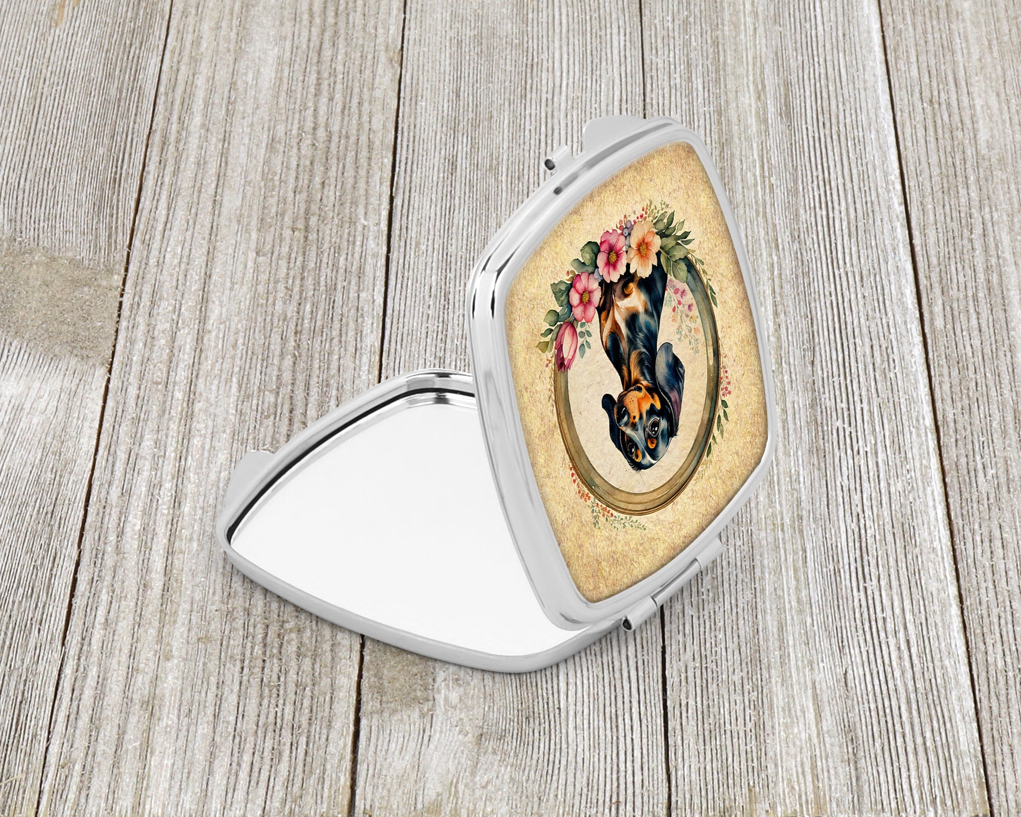 Dachshund and Flowers Compact Mirror Decorative Travel Makeup Mirror for Women Girls Gifts Pocket Makeup Mirror Folding Handheld
