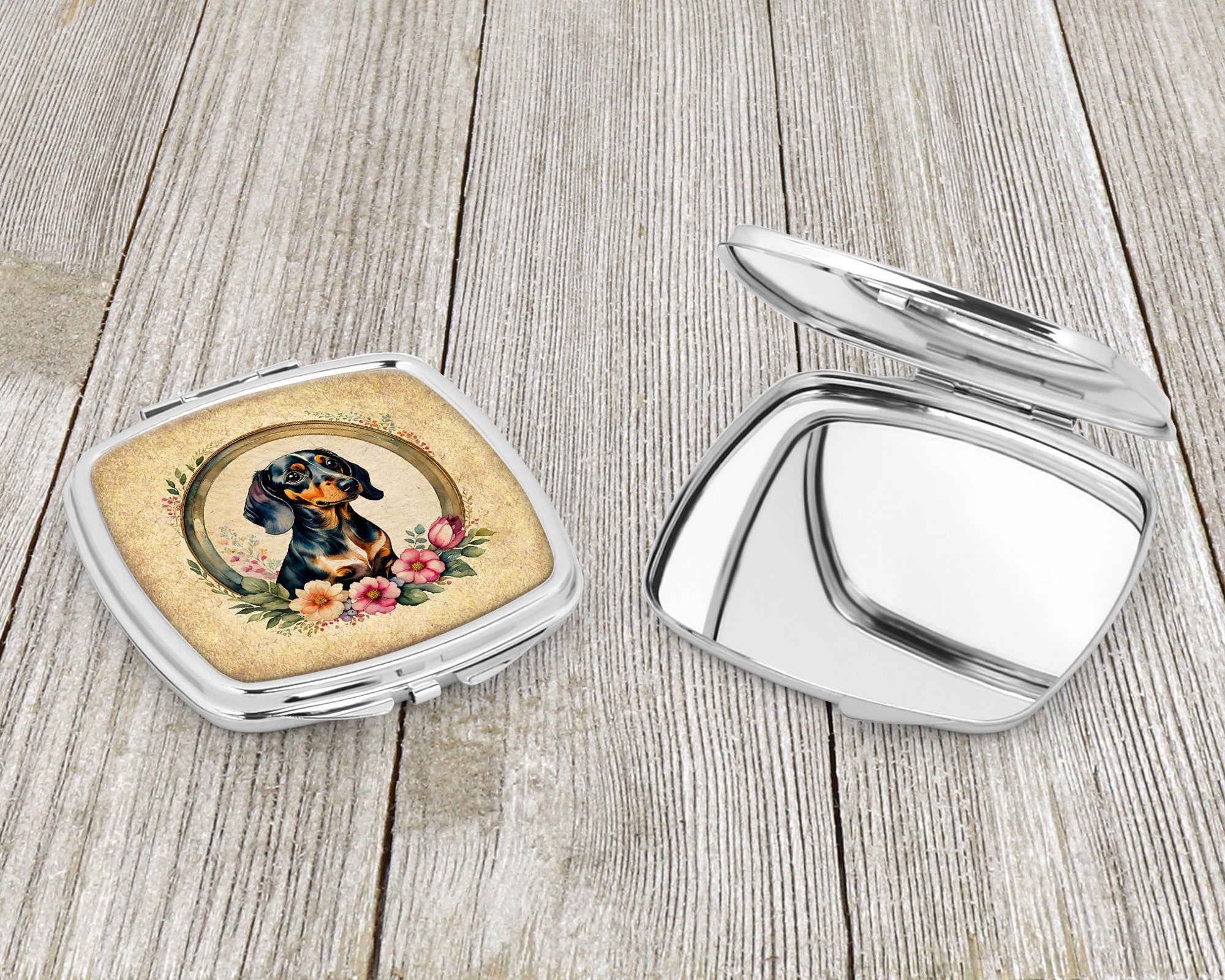 Dachshund and Flowers Compact Mirror Decorative Travel Makeup Mirror for Women Girls Gifts Pocket Makeup Mirror Folding Handheld