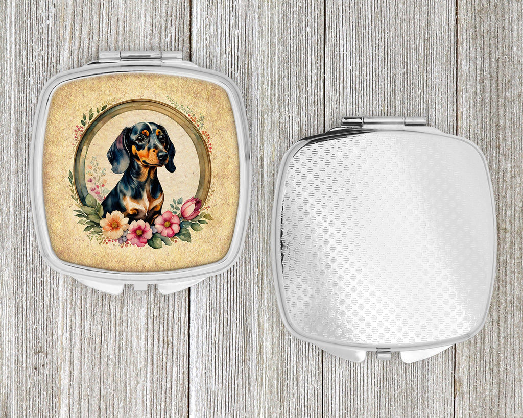 Dachshund and Flowers Compact Mirror Decorative Travel Makeup Mirror for Women Girls Gifts Pocket Makeup Mirror Folding Handheld