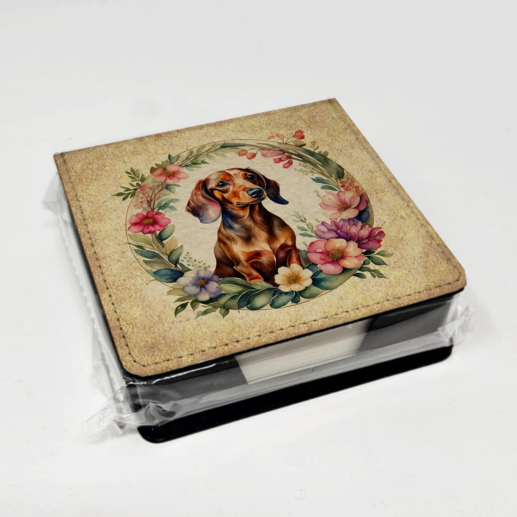 Dachshund and Flowers PU Leather Note Paper Holder with Artist-Designed Cover, Desk Accessory, Office Gift