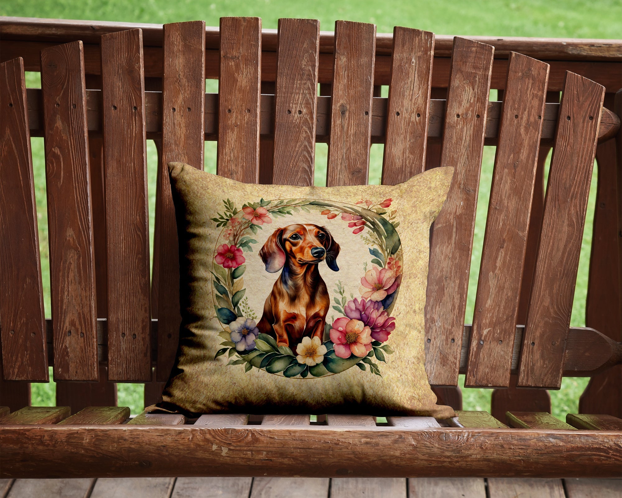 Dachshund and Flowers Decorative Throw Pillow 14x14 Indoor Outdoor Accent Cushion, Fabric Cover with Insert for Sofa, Bed, Porch & Living Room