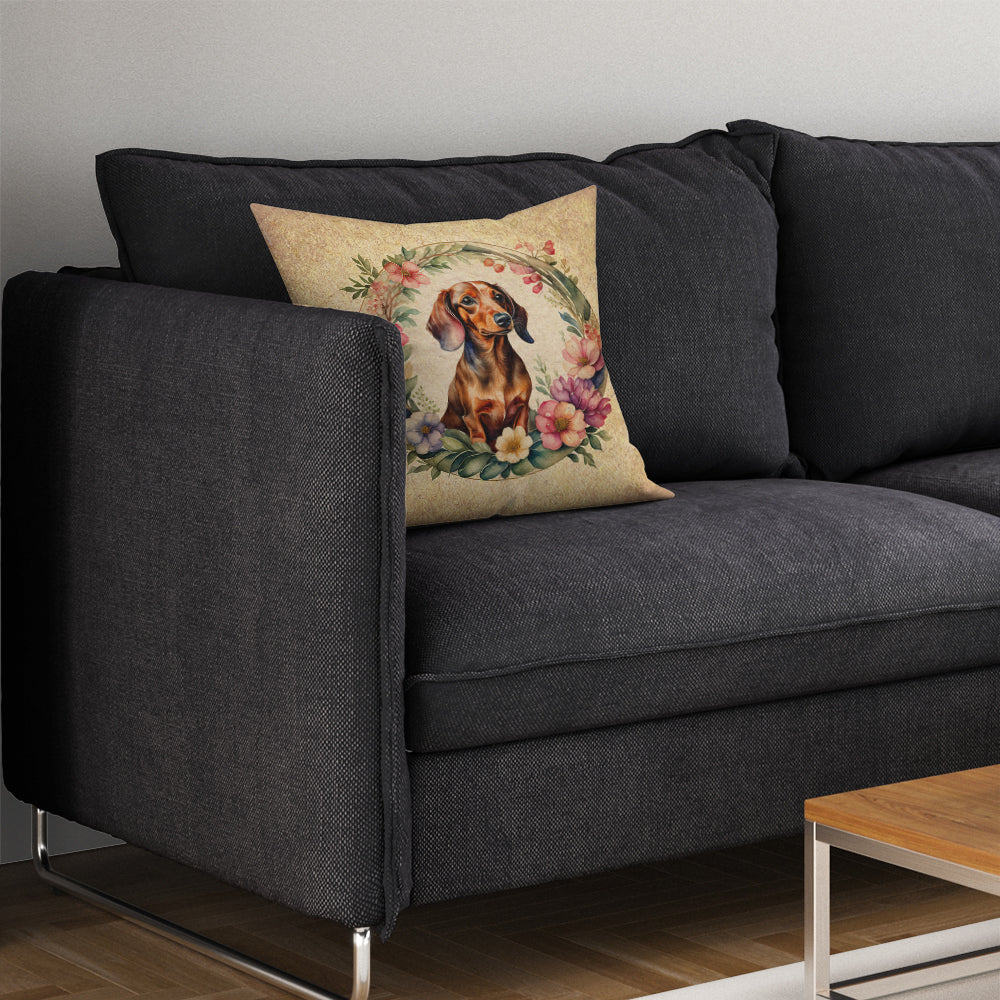 Dachshund and Flowers Decorative Throw Pillow 14x14 Indoor Outdoor Accent Cushion, Fabric Cover with Insert for Sofa, Bed, Porch & Living Room