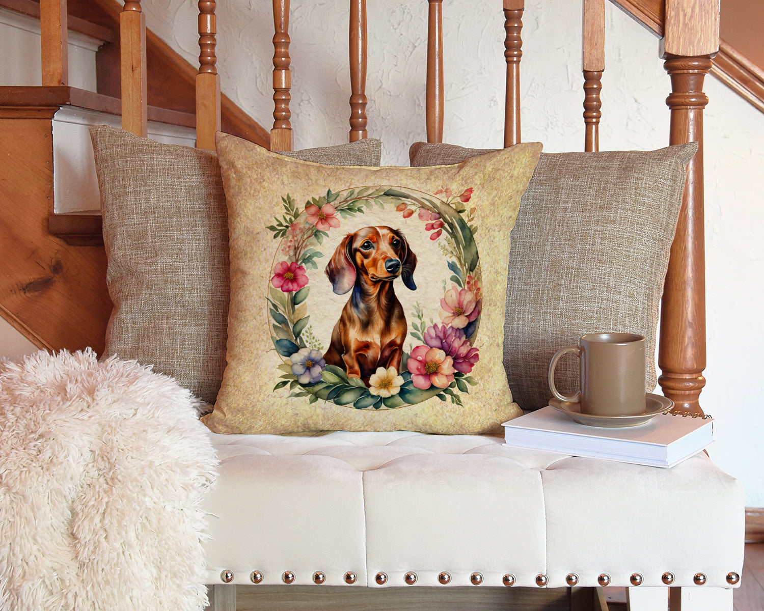 Dachshund and Flowers Decorative Throw Pillow 14x14 Indoor Outdoor Accent Cushion, Fabric Cover with Insert for Sofa, Bed, Porch & Living Room
