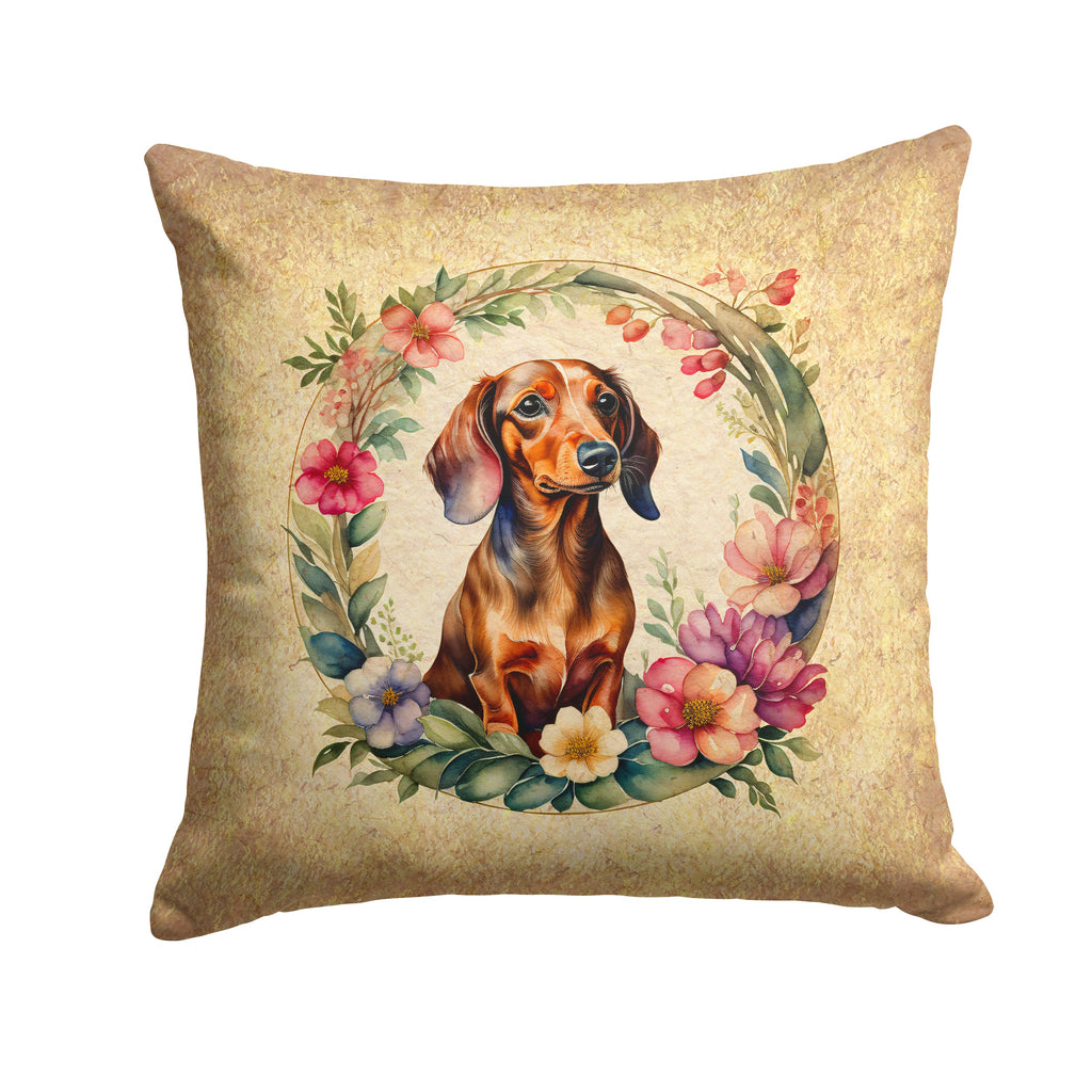 Dachshund and Flowers Decorative Throw Pillow 18x18 Indoor Outdoor Accent Cushion, Fabric Cover with Insert for Sofa, Bed, Porch & Living Room