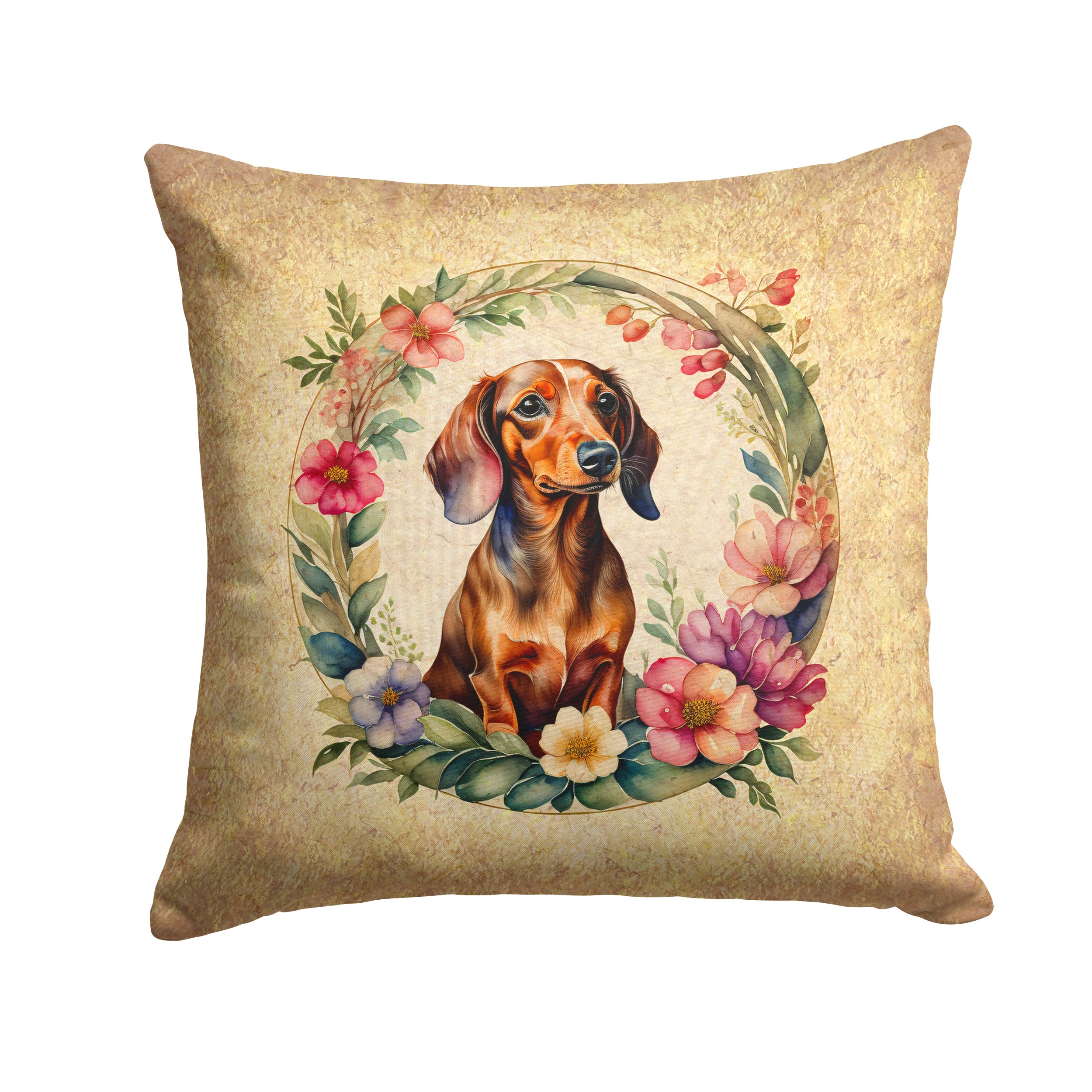 Dachshund and Flowers Decorative Throw Pillow 18x18 Indoor Outdoor Accent Cushion, Fabric Cover with Insert for Sofa, Bed, Porch & Living Room