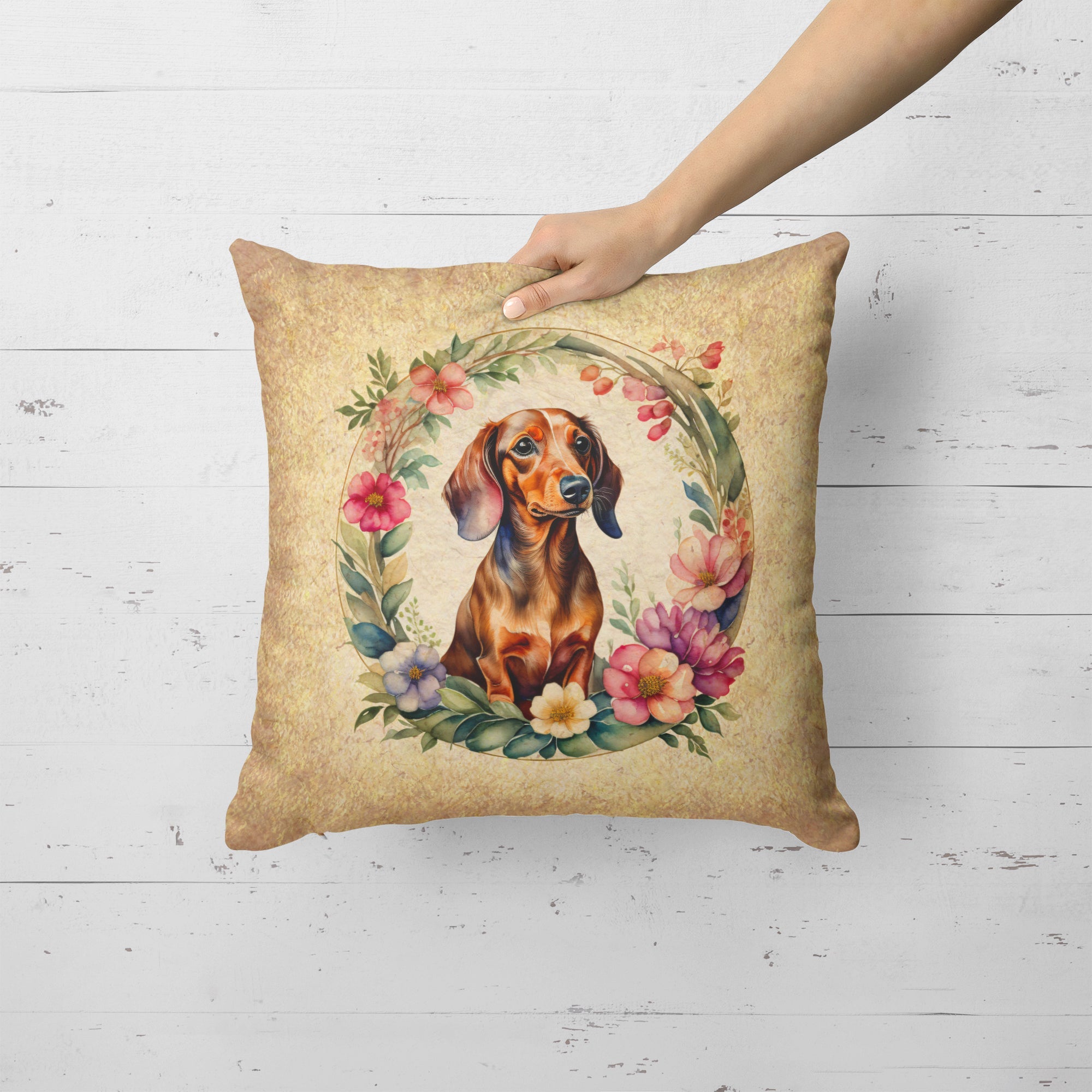 Dachshund and Flowers Decorative Throw Pillow 18x18 Indoor Outdoor Accent Cushion, Fabric Cover with Insert for Sofa, Bed, Porch & Living Room