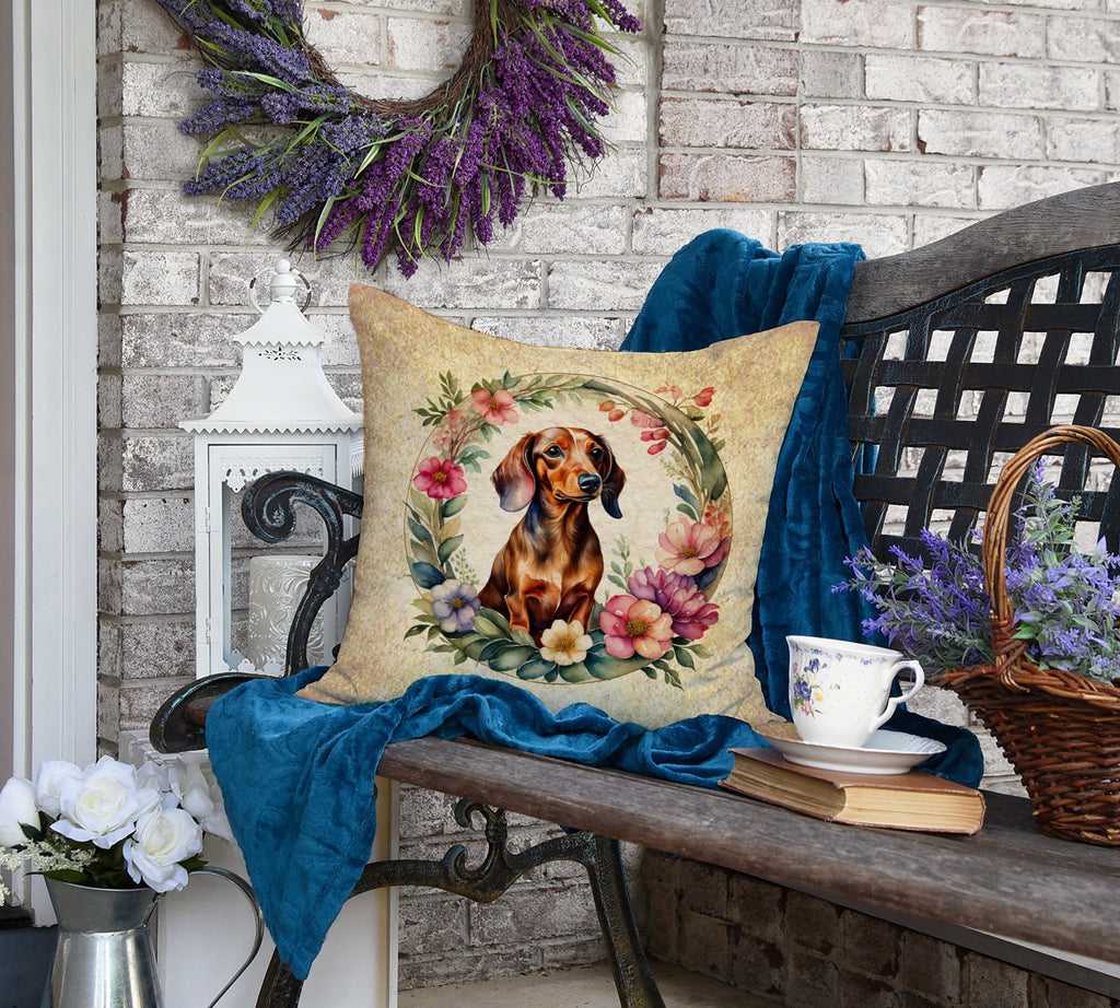 Dachshund and Flowers Decorative Throw Pillow 18x18 Indoor Outdoor Accent Cushion, Fabric Cover with Insert for Sofa, Bed, Porch & Living Room