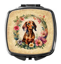 Dachshund and Flowers Compact Mirror Decorative Travel Makeup Mirror for Women Girls Gifts Pocket Makeup Mirror Folding Handheld