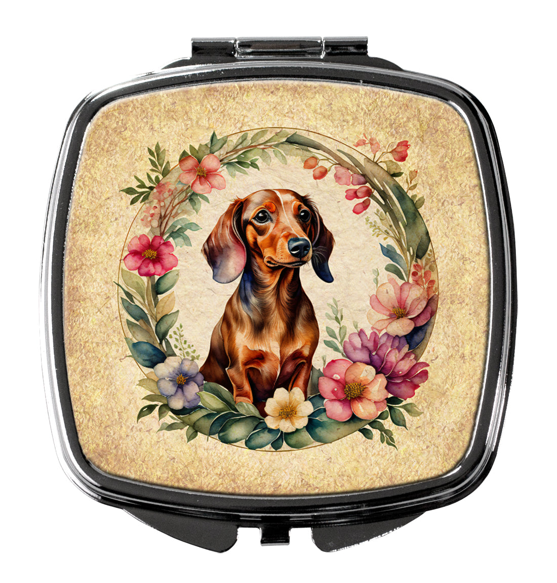Dachshund and Flowers Compact Mirror Decorative Travel Makeup Mirror for Women Girls Gifts Pocket Makeup Mirror Folding Handheld