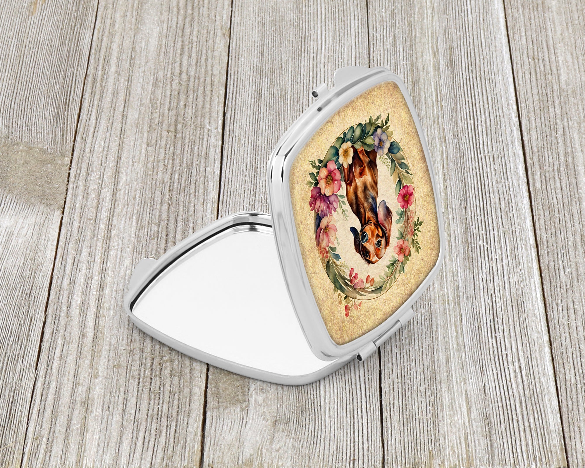 Dachshund and Flowers Compact Mirror Decorative Travel Makeup Mirror for Women Girls Gifts Pocket Makeup Mirror Folding Handheld
