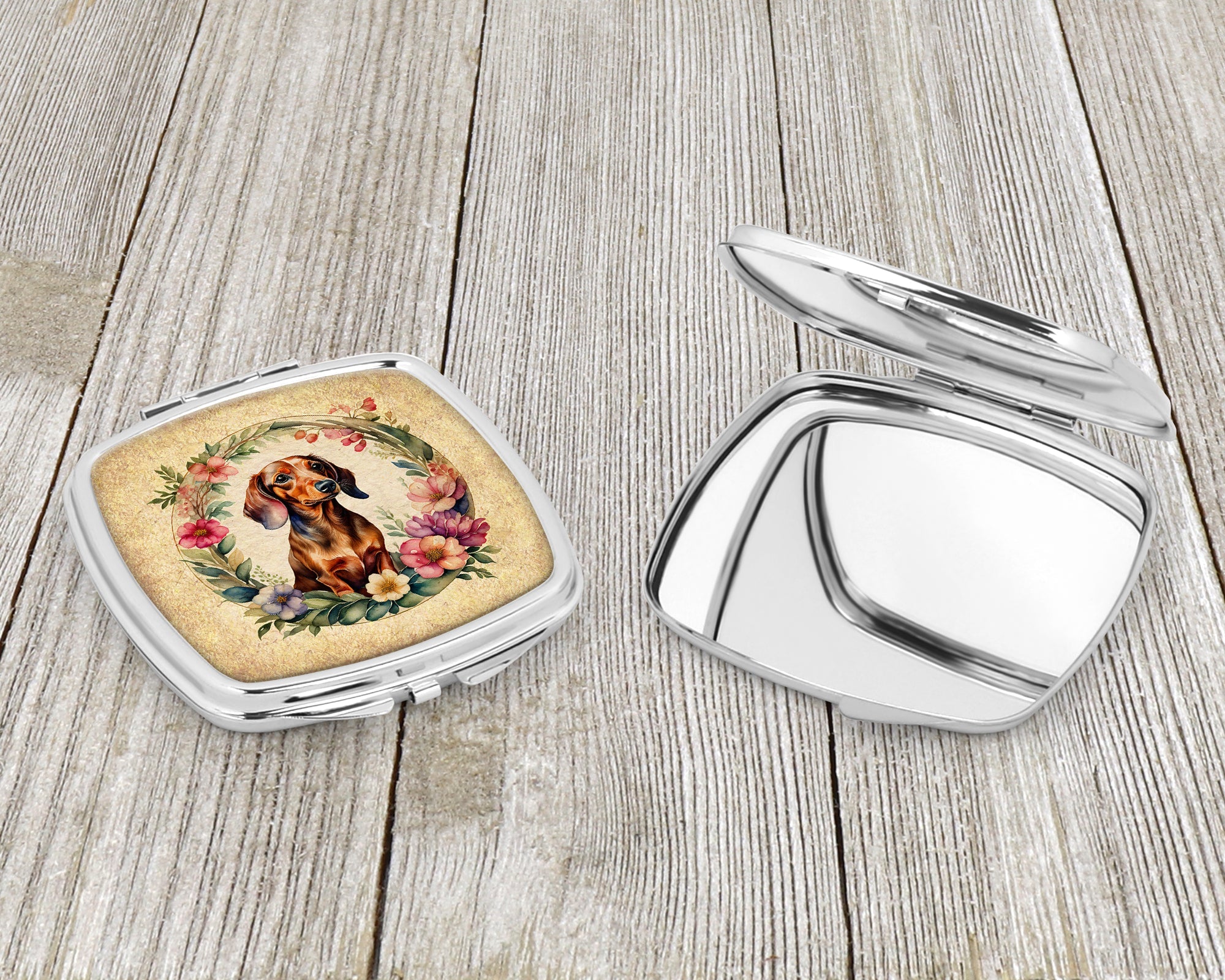 Dachshund and Flowers Compact Mirror Decorative Travel Makeup Mirror for Women Girls Gifts Pocket Makeup Mirror Folding Handheld