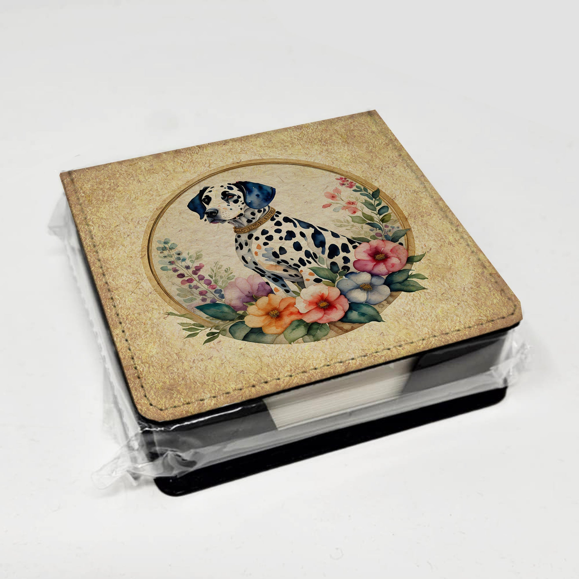 Dalmatian and Flowers PU Leather Note Paper Holder with Artist-Designed Cover, Desk Accessory, Office Gift
