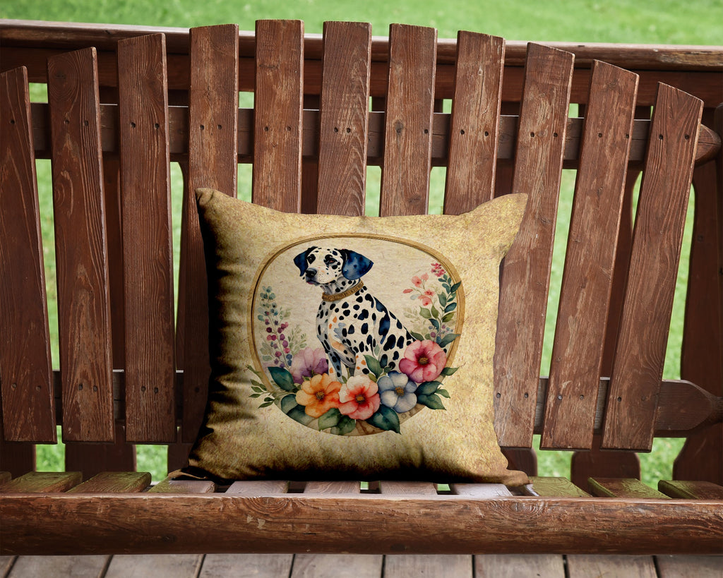 Dalmatian and Flowers Decorative Throw Pillow 14x14 Indoor Outdoor Accent Cushion, Fabric Cover with Insert for Sofa, Bed, Porch & Living Room