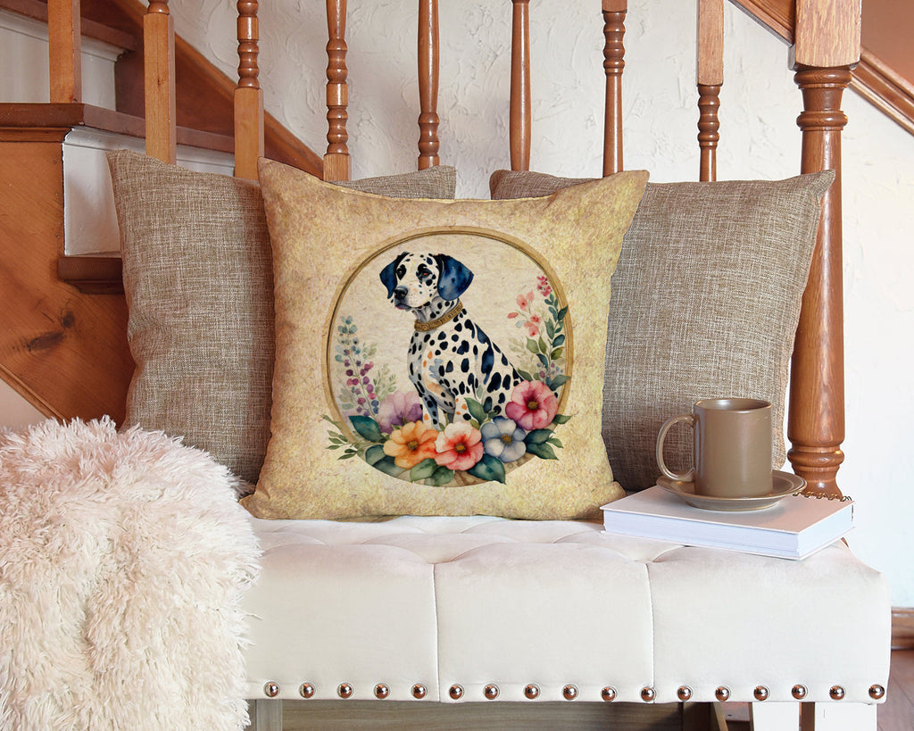 Dalmatian and Flowers Decorative Throw Pillow 14x14 Indoor Outdoor Accent Cushion, Fabric Cover with Insert for Sofa, Bed, Porch & Living Room