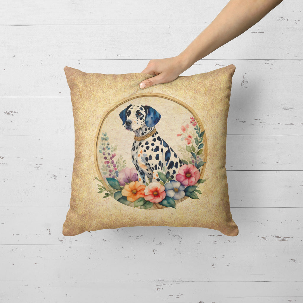 Dalmatian and Flowers Decorative Throw Pillow 18x18 Indoor Outdoor Accent Cushion, Fabric Cover with Insert for Sofa, Bed, Porch & Living Room