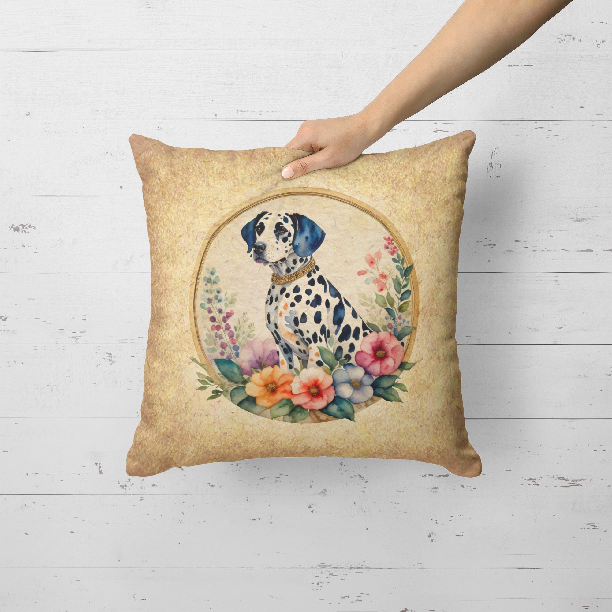 Dalmatian and Flowers Decorative Throw Pillow 18x18 Indoor Outdoor Accent Cushion, Fabric Cover with Insert for Sofa, Bed, Porch & Living Room