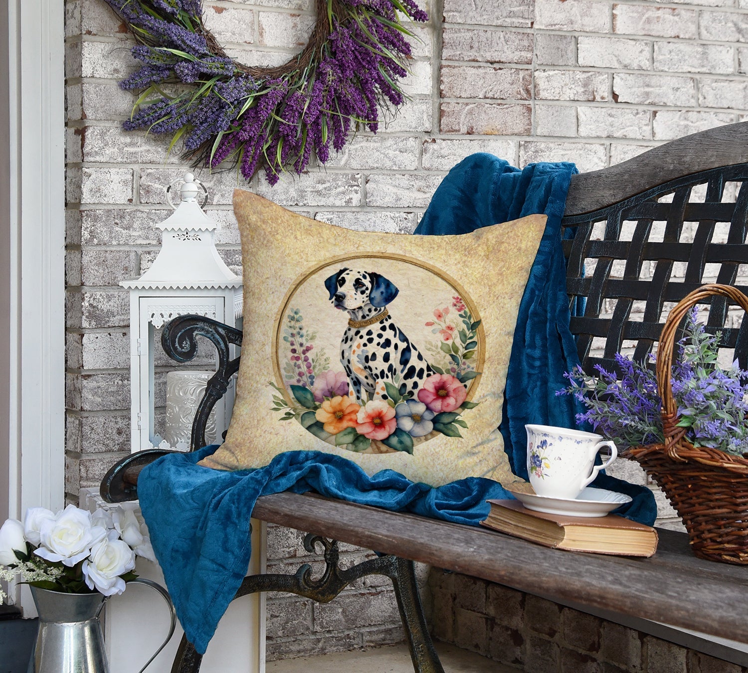Dalmatian and Flowers Decorative Throw Pillow 18x18 Indoor Outdoor Accent Cushion, Fabric Cover with Insert for Sofa, Bed, Porch & Living Room
