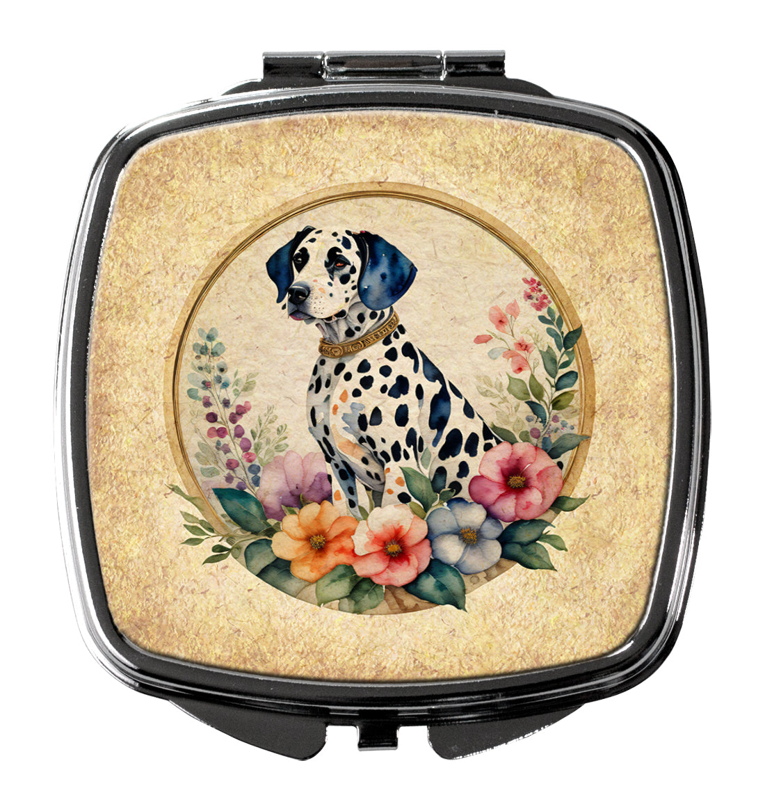 Dalmatian and Flowers Compact Mirror Decorative Travel Makeup Mirror for Women Girls Gifts Pocket Makeup Mirror Folding Handheld