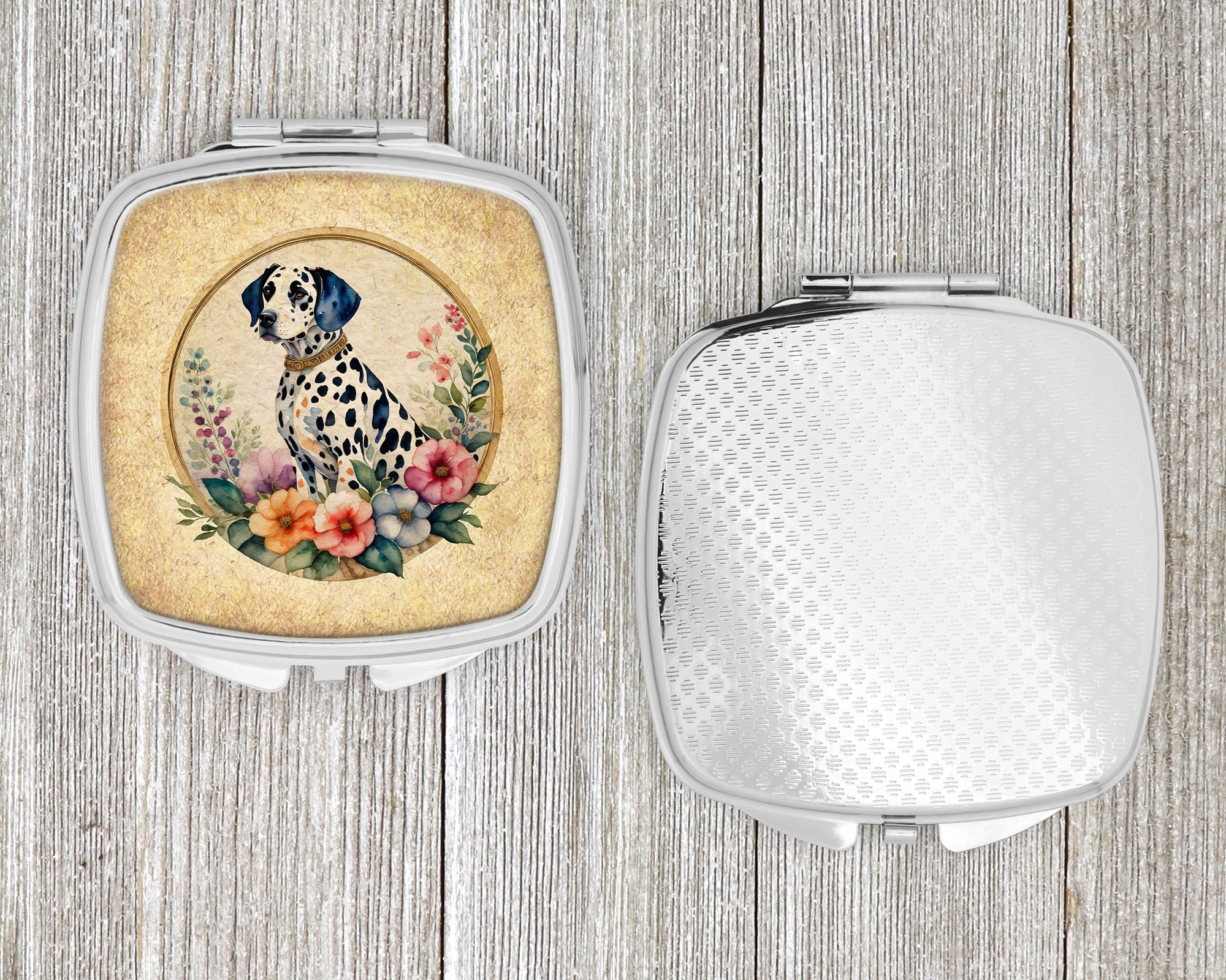 Dalmatian and Flowers Compact Mirror Decorative Travel Makeup Mirror for Women Girls Gifts Pocket Makeup Mirror Folding Handheld