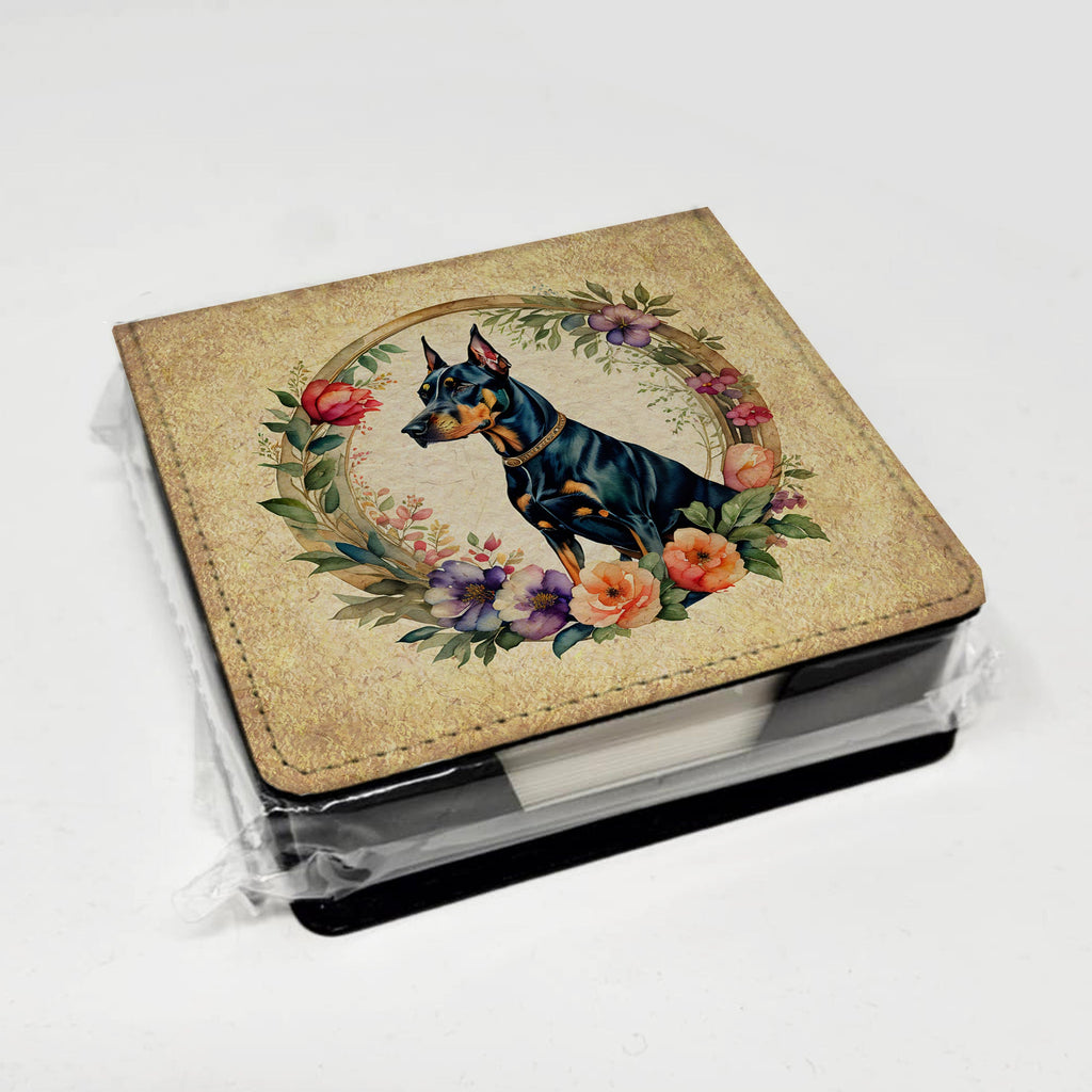 Doberman Pinscher and Flowers PU Leather Note Paper Holder with Artist-Designed Cover, Desk Accessory, Office Gift